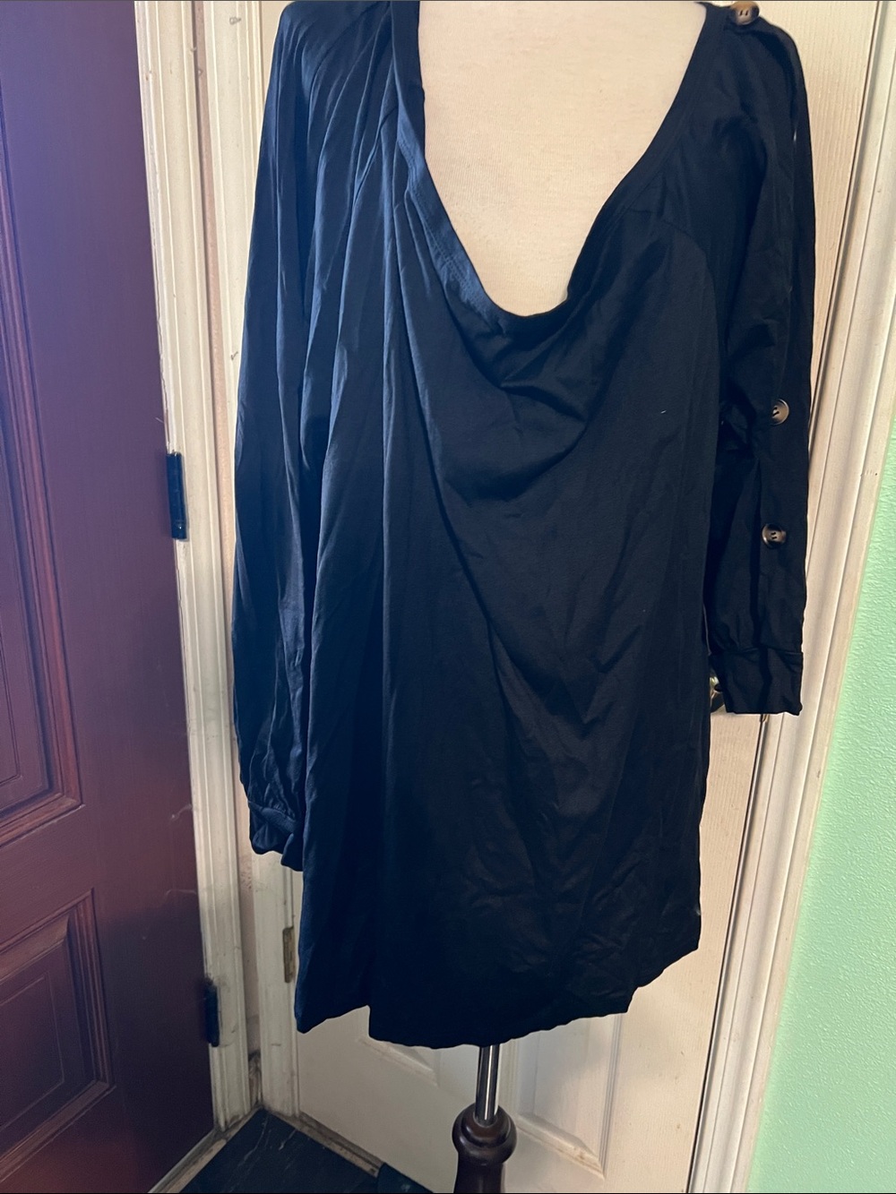 Women's Black Drape Neck Long Sleeve Dress